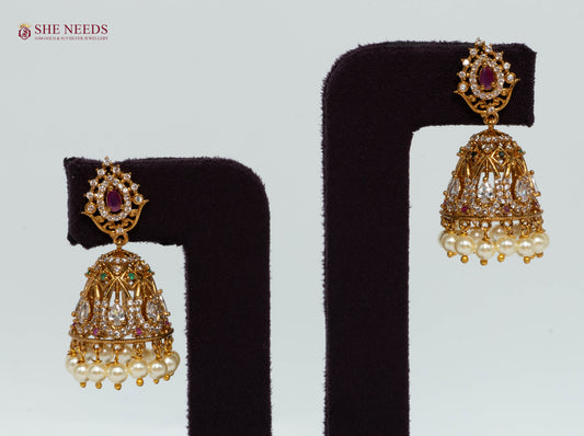 Royal Ruby Filigree Pearl Jhumka Earrings with American Diamonds, Green Stones and Pearl Drops|She Needs Jewellery