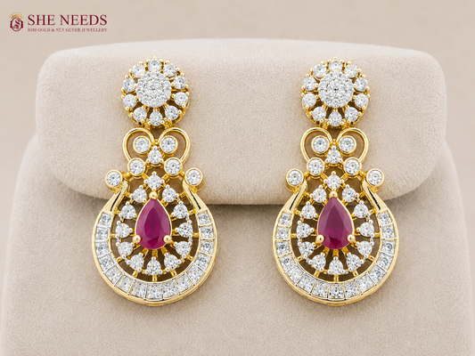Elegant ruby pink AD stone pendant necklace set with matching designer earrings in premium gold finish displayed on white mannequin.