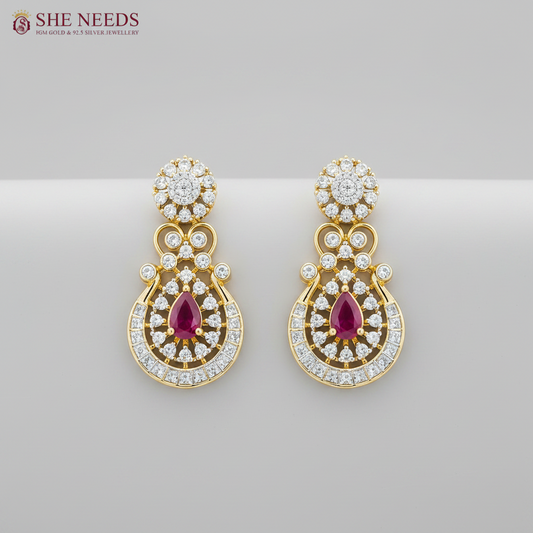 Elegant ruby pink AD stone pendant necklace set with matching designer earrings in premium gold finish displayed on white mannequin.