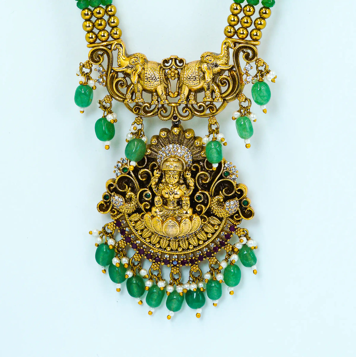 Emerald Green Temple Lakshmi Beads Necklace Set
