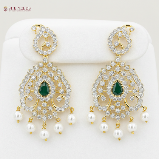 Emerald Green American Diamond Stone Traditional Necklace Set with Pearl Drop