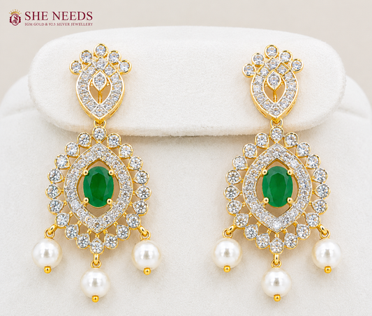 Emerald Green American Diamond Stone Pearl Drop Necklace Set
