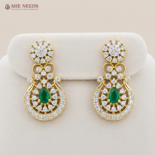 Emerald Green American Diamond Stone Pendant Necklace Set with Designer Earrings