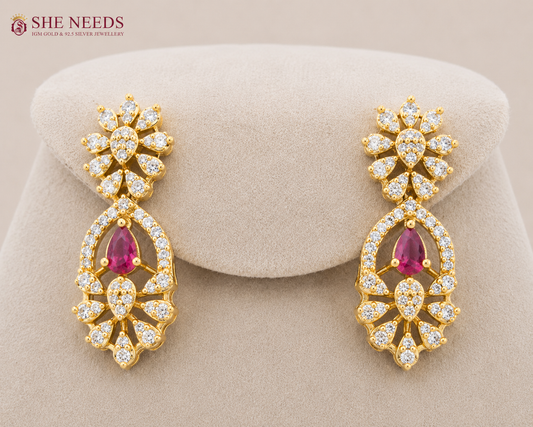 Ruby Pink American Diamond Stone Floral Bridal Necklace Set