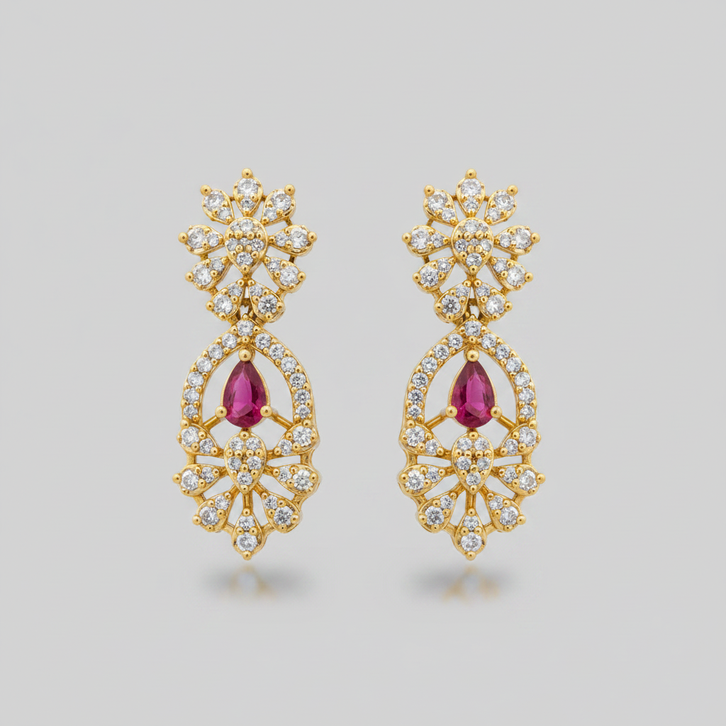 Ruby Pink American Diamond Stone Floral Bridal Necklace Set