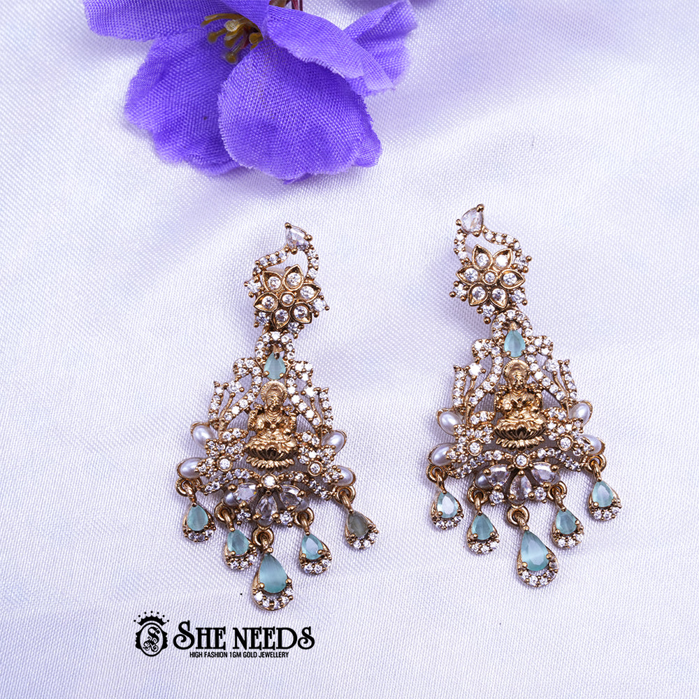Temple Lakshmi Chandbali Earrings with CZ Stones and Pearl Drop Danglers