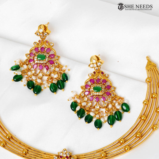 Traditional Kante necklace set with Kempu stones, pearl detailing, and green bead drops