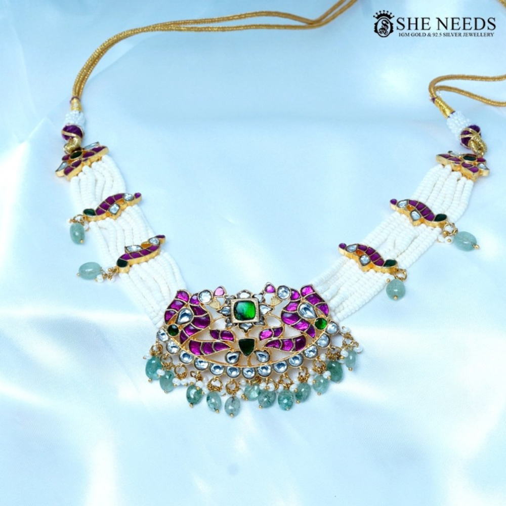 White Pearl Kundan Choker Set with Purple Stones & Green Beads