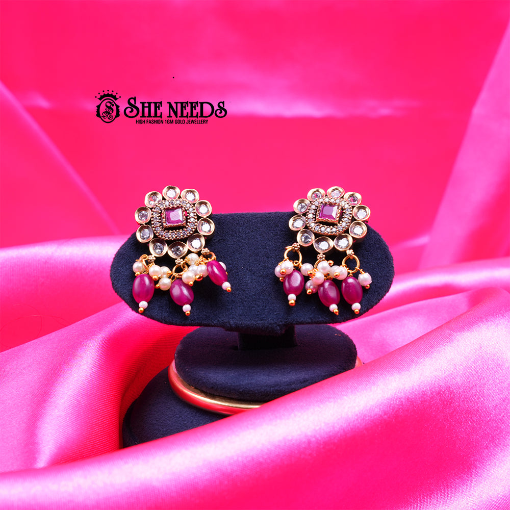Floral Kundan Dangler Studs