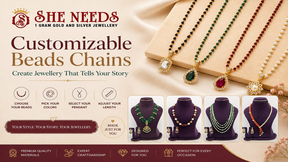Customizable beads chain collection with personalized color options by She Needs Jewellery.