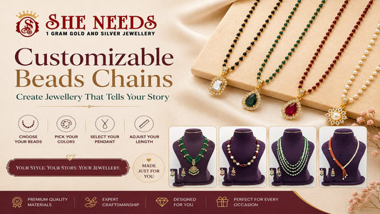 Customizable beads chain collection with personalized color options by She Needs Jewellery.
