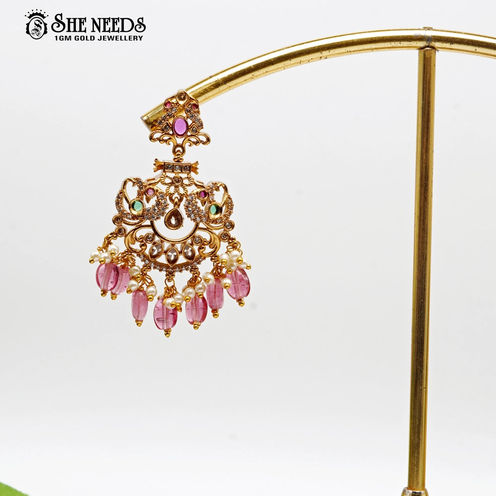 “Matte gold Chandbali earrings with pearl drops and pink bead accents – SheNeeds Jewellery