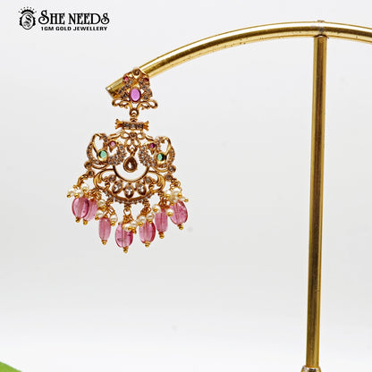 “Matte gold Chandbali earrings with pearl drops and pink bead accents – SheNeeds Jewellery
