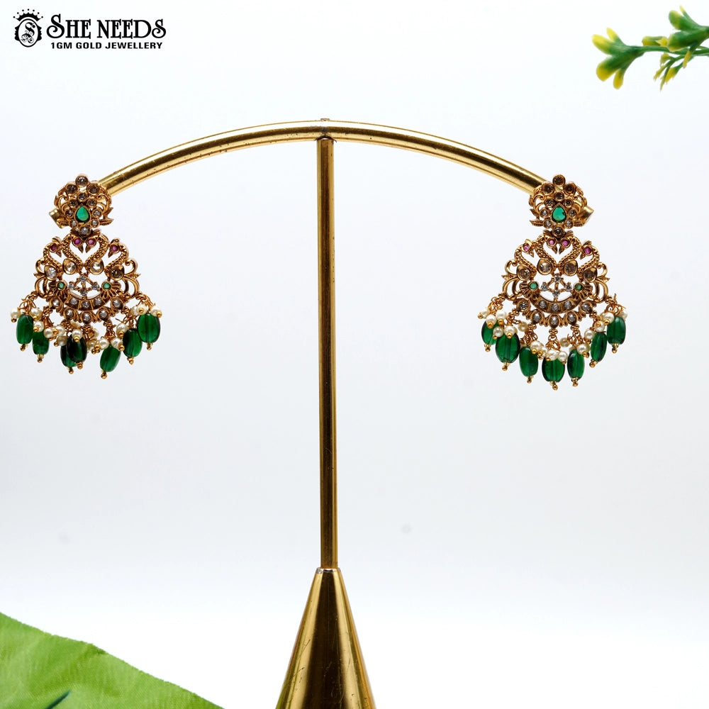 “Temple gold-plated chandbali earrings with green beads, pearls and multi-stone detailing – SheNeeds Jewellery”