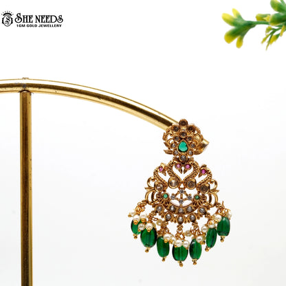 “Temple gold-plated chandbali earrings with green beads, pearls and multi-stone detailing – SheNeeds Jewellery”