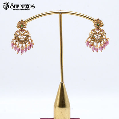 “Temple gold-plated chandbali earrings with pink beads, pearls and multi-stone detailing – SheNeeds Jewellery”