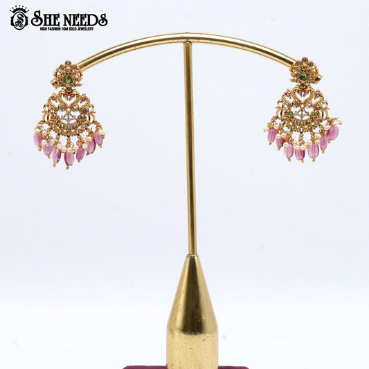 “Temple gold-plated chandbali earrings with pink beads, pearls and multi-stone detailing – SheNeeds Jewellery”
