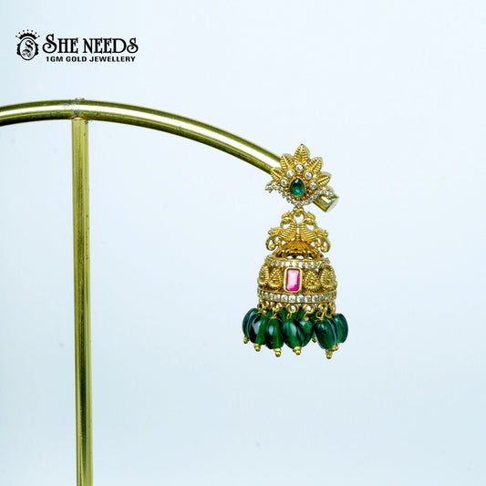 Gold plated green bead jhumkas with green stone traditional earrings for women