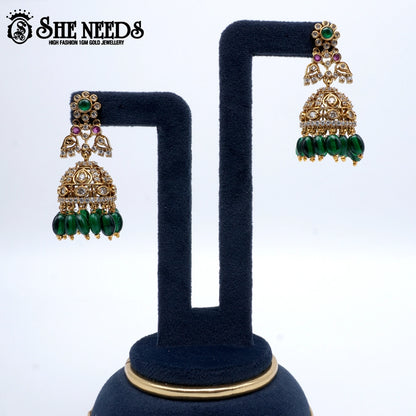 Gold plated green bead jhumkas traditional earrings for women