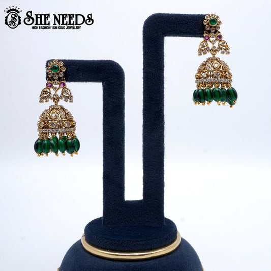 Gold plated green bead jhumkas traditional earrings for women