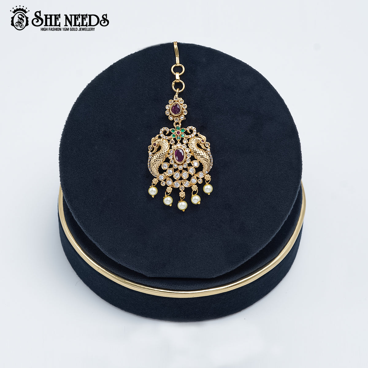 Twin Peacock Temple Tikka with Ruby Stone & Pearl Drops