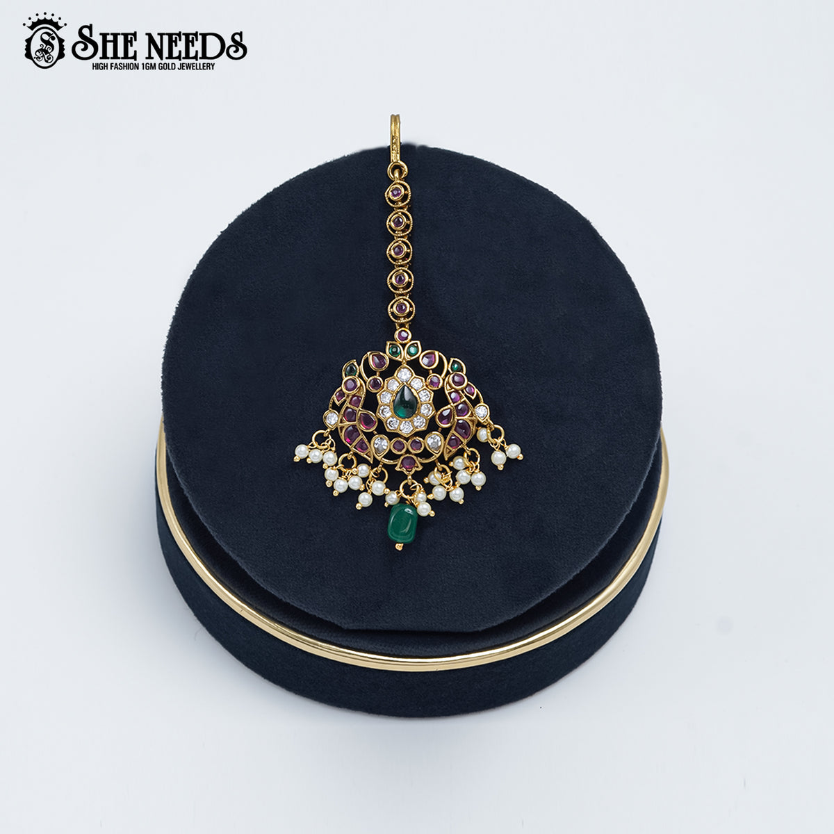 Peacock Temple Tikka with Green Stone & Pearl Drops