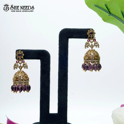 Gold plated purple bead jhumkas traditional earrings for women