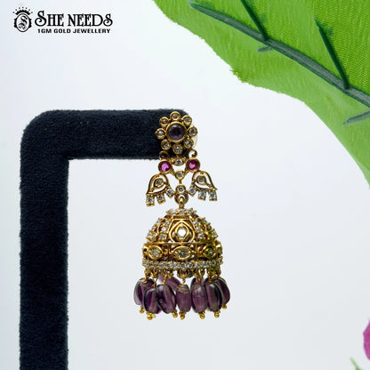 Gold plated purple bead jhumkas traditional earrings for women