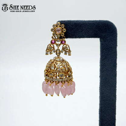 Gold plated light pink bead jhumkas traditional earrings for women