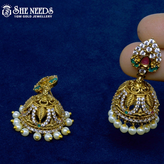 Teardrop stone temple jhumka earrings with pearl drops – traditional South Indian jewellery
