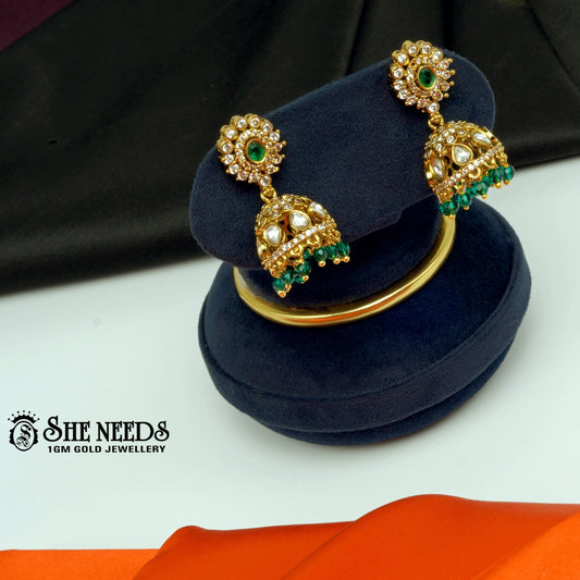Floral stone temple jhumka earrings with pink crystal drops –sheneeds jewellery
