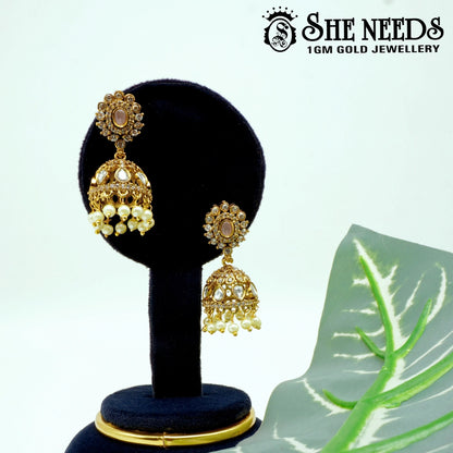 Floral stone temple jhumka earrings withwhite crystal drops –sheneeds jewellery
