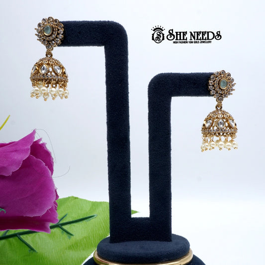 Floral stone temple jhumka earrings with blue crystal drops –sheneeds jewellery