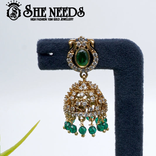 Oval stone temple jhumka earrings with pearl drops- sheneedsjewellery