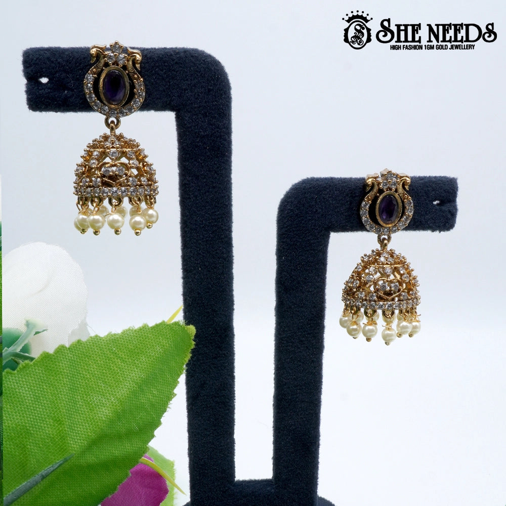 Oval stone temple jhumka earrings with pearl drops- sheneedsjewellery