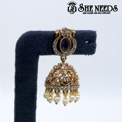 Oval stone temple jhumka earrings with pearl drops- sheneedsjewellery