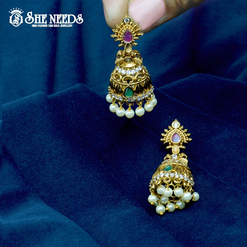 Heritage stone temple jhumka earrings with pearl drops – sheneeds jewellery