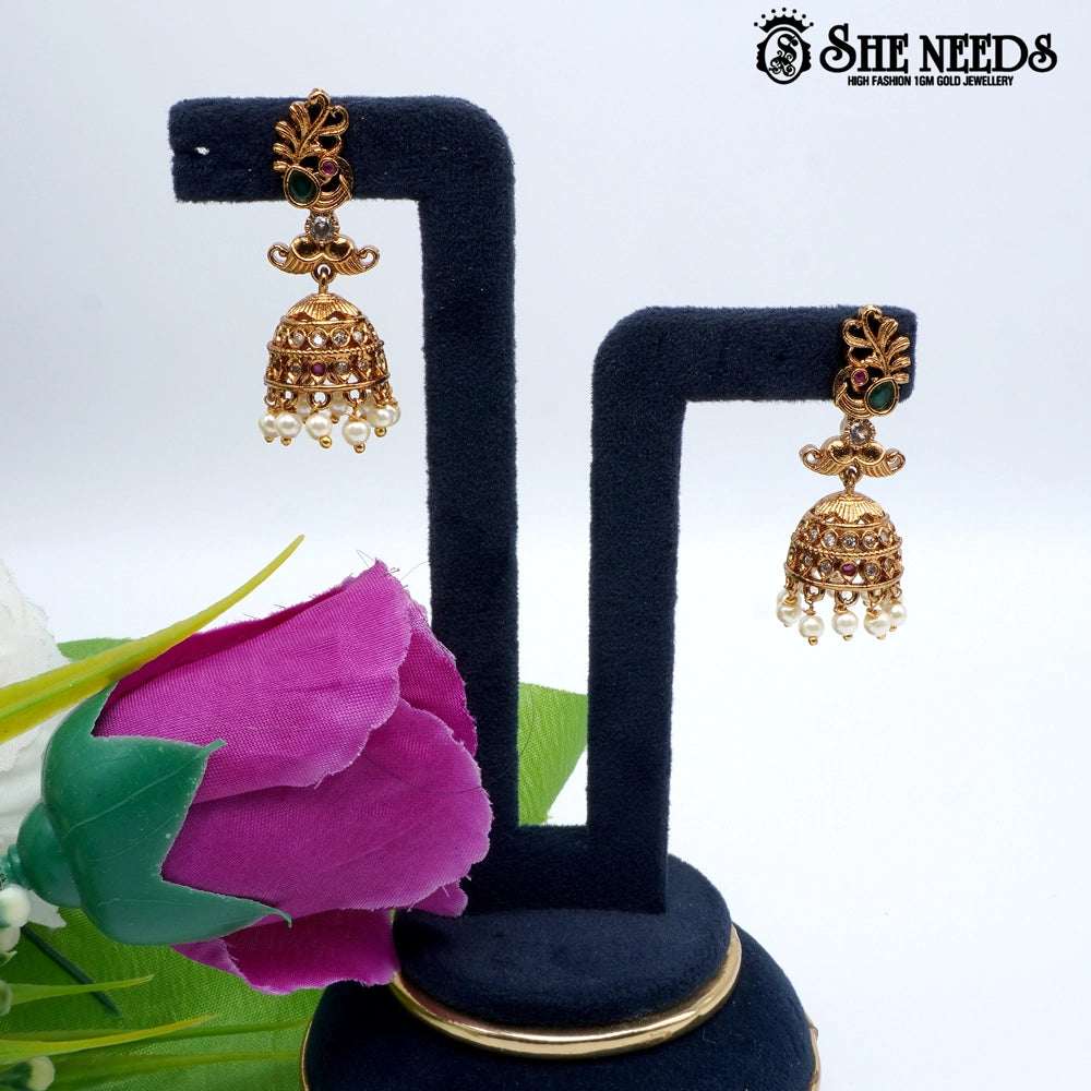 Peacock crest temple jhumka earrings with pearl drops –sheneeds jewellery