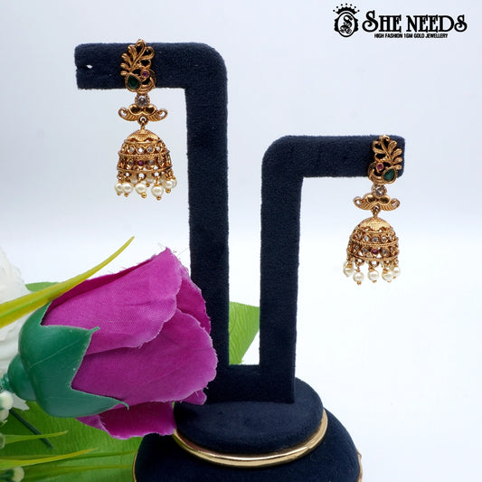 Peacock crest temple jhumka earrings with pearl drops –sheneeds jewellery