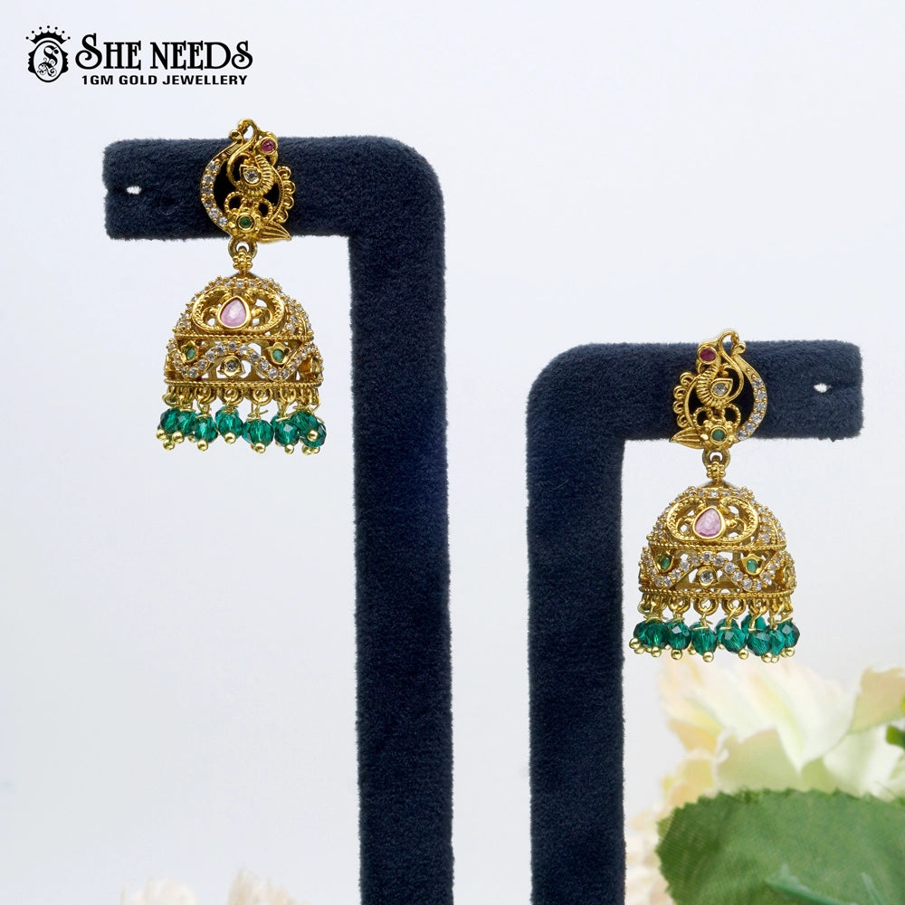 Peacock motif temple jhumka earrings with emerald green drops – sheneeds jewellery