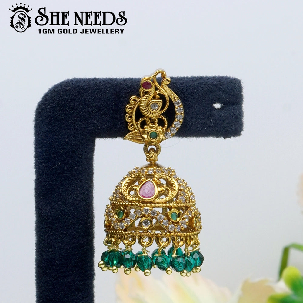 Peacock motif temple jhumka earrings with emerald green drops – sheneeds jewellery