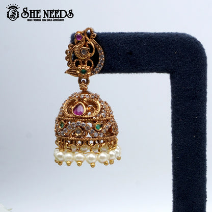 Peacock motif temple jhumka earrings with emerald white drops – sheneeds jewellery