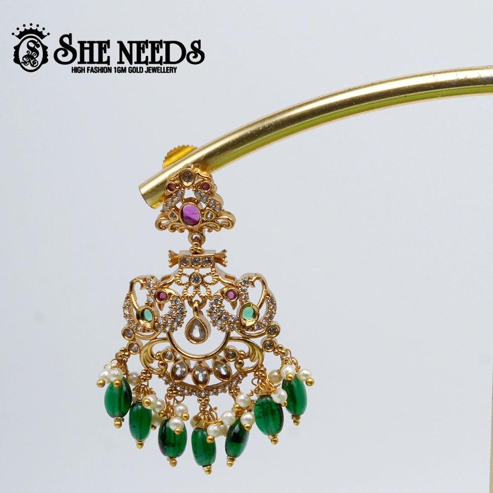 “Matte gold Chandbali earrings with pearl drops and Green bead accents – SheNeeds Jewellery