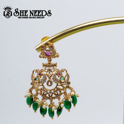 “Matte gold Chandbali earrings with pearl drops and Green bead accents – SheNeeds Jewellery