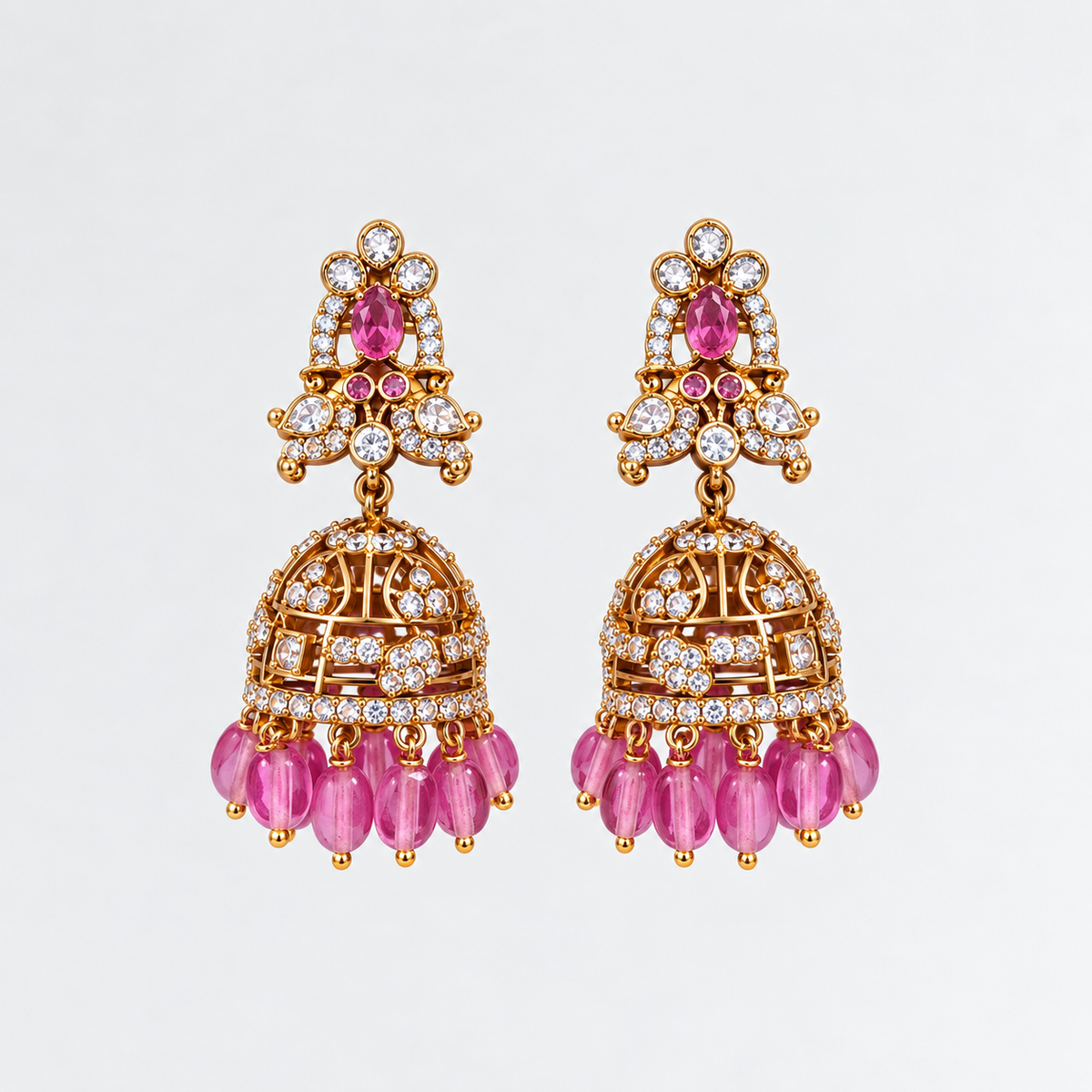 Aarika Antique Gold CZ Stone Jhumka Earrings with Bead Drops | Premium Festive Wear