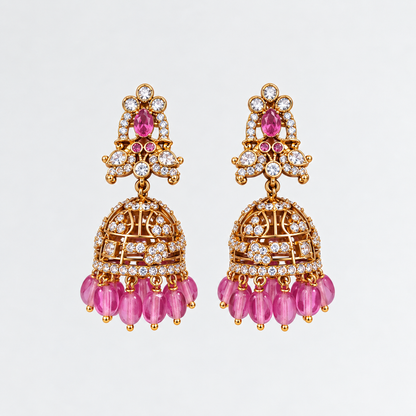 Aarika Antique Gold CZ Stone Jhumka Earrings with Bead Drops | Premium Festive Wear