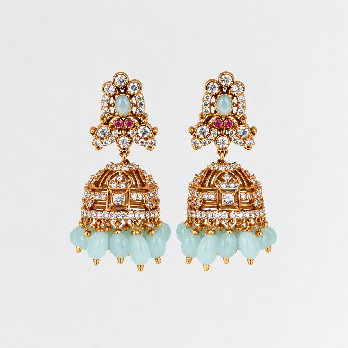 Aarika Antique Gold CZ Stone Jhumka Earrings with Bead Drops | Premium Festive Wear