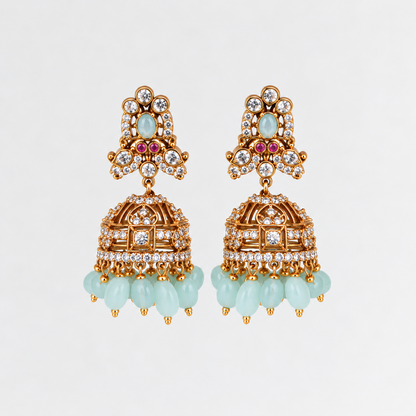 Aarika Antique Gold CZ Stone Jhumka Earrings with Bead Drops | Premium Festive Wear