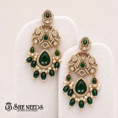 Premium CZ Stone Bridal Chandbali Earrings with Pearl Drops
