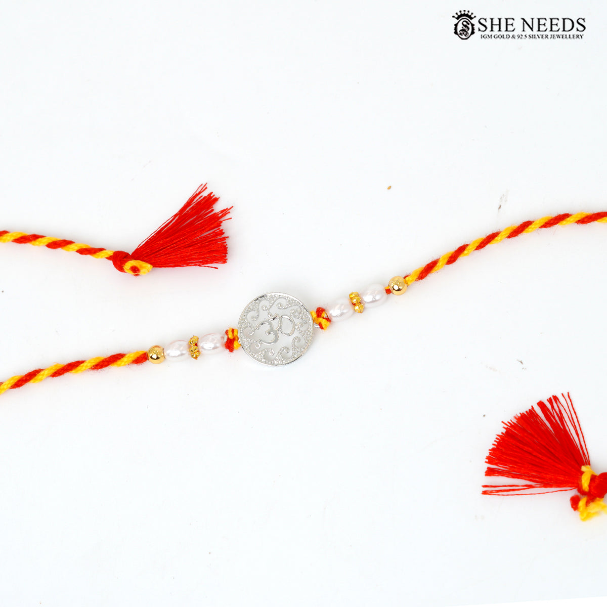 925 Silver Om Rakhi with Pearl Beads & Red-Yellow Thread